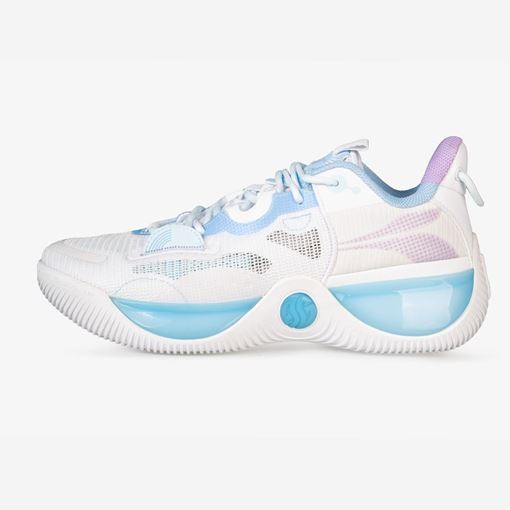 کفش طرح بسکتبال مردانه با رنگ‌های سفید و آبی، طراحی مقاوم و راحت برای حرکات سریع و پرش‌های بسکتبال، مناسب برای استفاده حرفه‌ای و روزمره