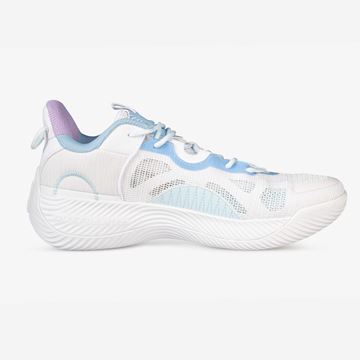 کفش طرح بسکتبال مردانه با رنگ‌های سفید و آبی، طراحی مقاوم و راحت برای حرکات سریع و پرش‌های بسکتبال، مناسب برای استفاده حرفه‌ای و روزمره