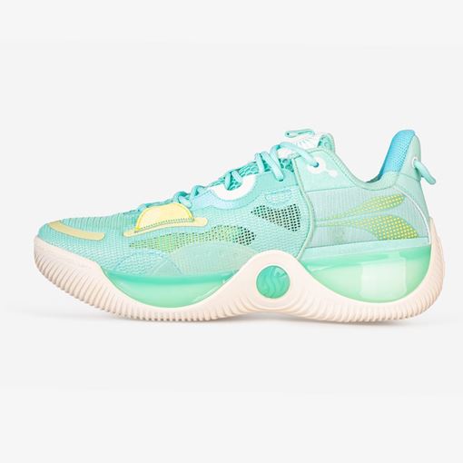کفش طرح بسکتبال مردانه با رنگ‌های سبز و آبی، طراحی مقاوم و راحت برای حرکات سریع و پرش‌های بسکتبال، مناسب برای استفاده حرفه‌ای و روزمره