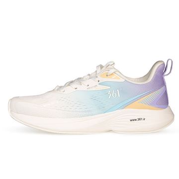 کفش رانینگ زنانه ۳۶۱ درجه، سفید و بنفش، با طراحی حرفه‌ای مخصوص دویدن، دارای رویه تنفس‌پذیر و کفی راحت، مناسب برای تمرینات ورزشی و استفاده روزمره
