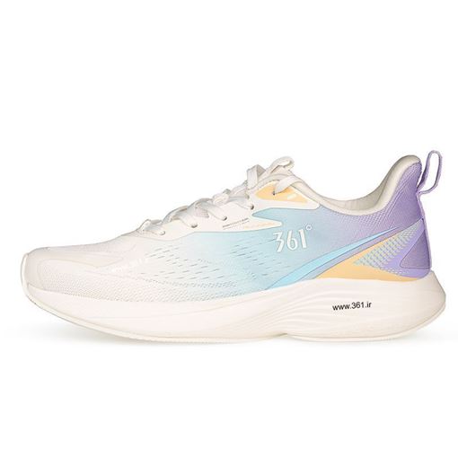 کفش رانینگ زنانه ۳۶۱ درجه، سفید و بنفش، با طراحی حرفه‌ای مخصوص دویدن، دارای رویه تنفس‌پذیر و کفی راحت، مناسب برای تمرینات ورزشی و استفاده روزمره