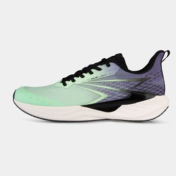 کفش مخصوص دویدن مردانه برند 361 درجه با رنگ‌های سبز و بنفش، مناسب برای دویدن، راه رفتن و استفاده در باشگاه، طراحی شده برای جلوگیری از آسیب دیدگی پا و مچ پا و افزایش راحتی و لذت تمرین