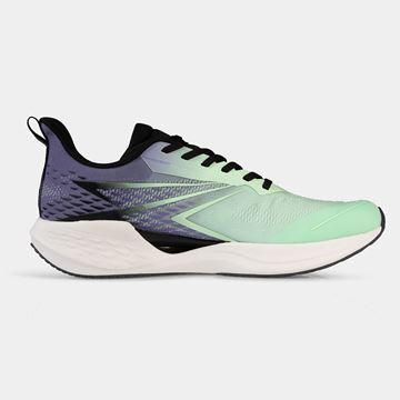 کفش مخصوص دویدن مردانه برند 361 درجه با رنگ‌های سبز و بنفش، مناسب برای دویدن، راه رفتن و استفاده در باشگاه، طراحی شده برای جلوگیری از آسیب دیدگی پا و مچ پا و افزایش راحتی و لذت تمرین