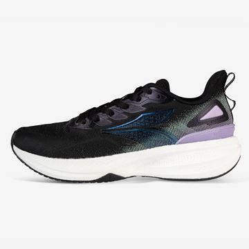 کفش رانینگ زنانه ۳۶۱ درجه در رنگ مشکی و بنفش، با طراحی حرفه‌ای برای دویدن، دارای رویه تنفس‌پذیر و کفی راحت و مقاوم، مناسب تمرینات ورزشی و استفاده روزمره
