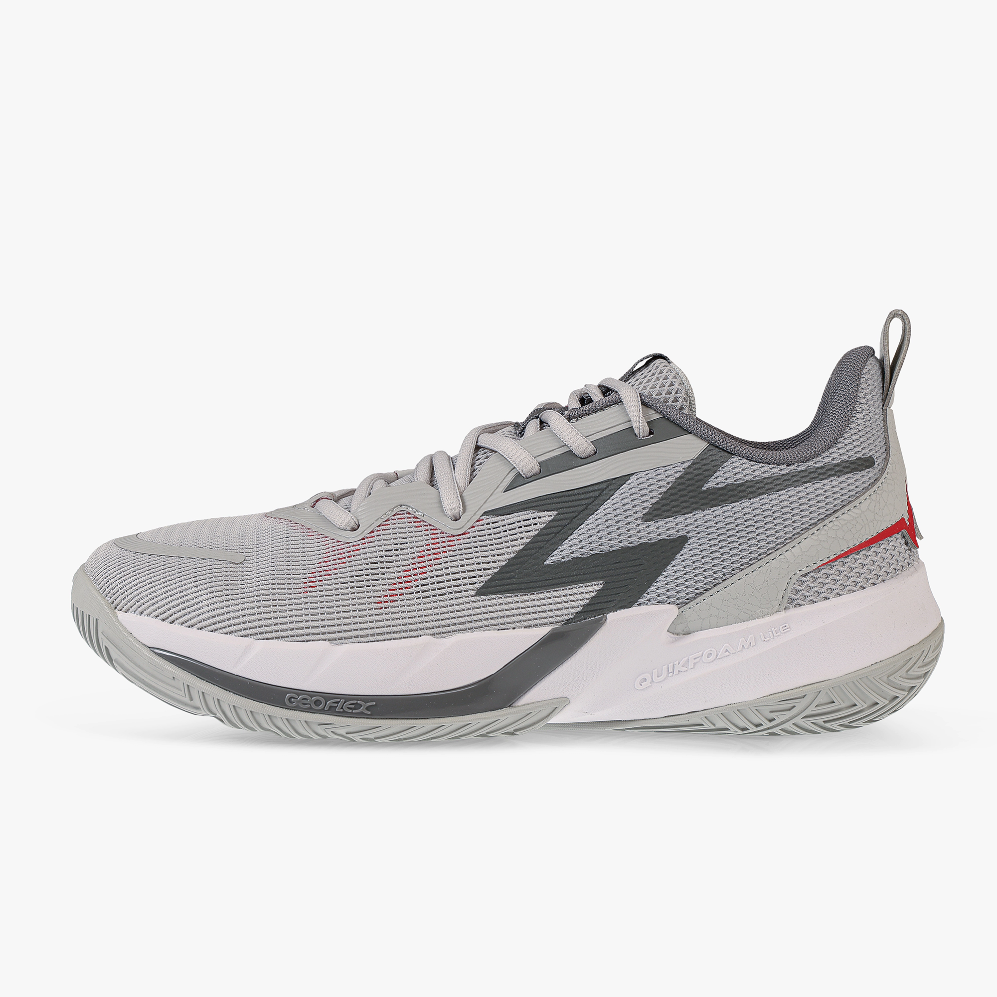 کفش بسکتبال مردانه 361 درجه مدل W672521122-2H، رنگ خاکستری و طوسی، رویه چرم مصنوعی + پارچه تنفس‌پذیر، زیره Rubber + EVA + TPU، مناسب حرکات سریع و پرش