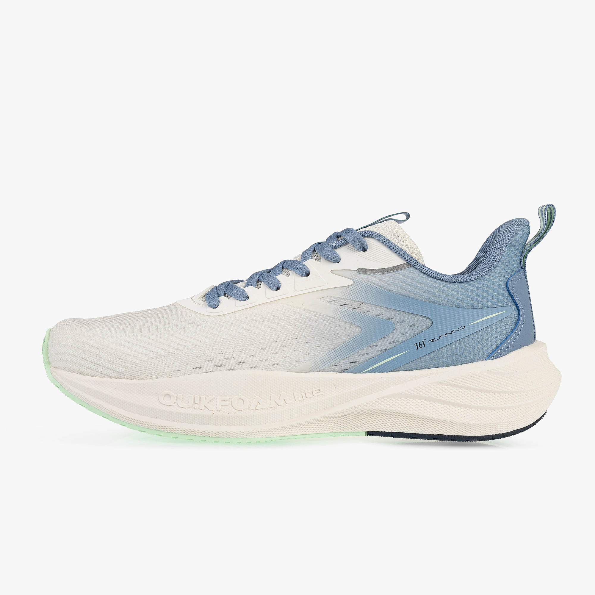 کفش مخصوص دویدن مردانه سفید و آبی برند ۳۶۱ درجه مدل W672522206-1H با رویه تنفس‌پذیر، زیره EVA و Rubber و فناوری کوییک فوم برای راحتی و محافظت از پا در تمرین و پیاده‌روی روزانه