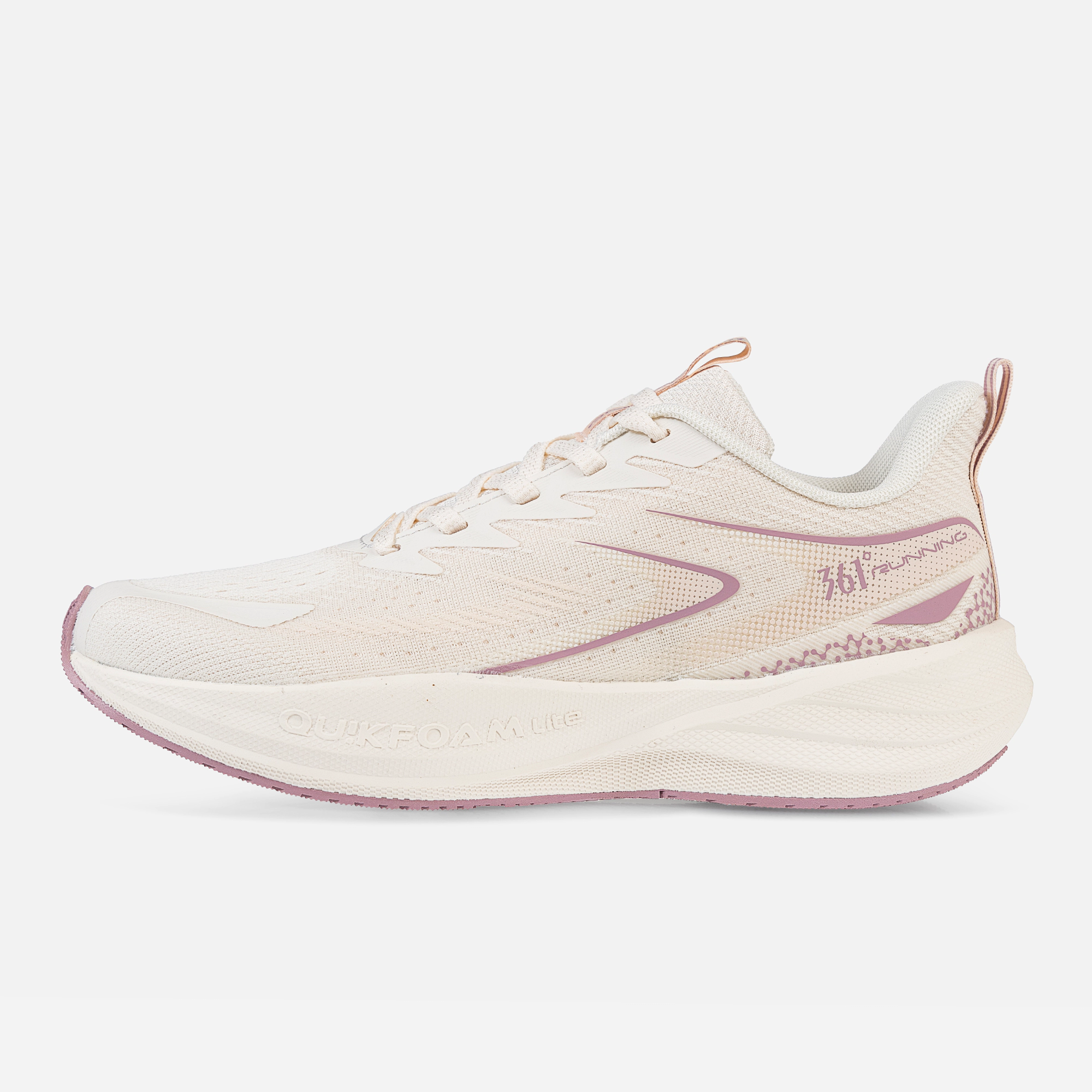 کفش دویدن زنانه، کفش Running زنانه 361 درجه، کفش ورزشی زنانه شیری صورتی، کفش تمرین زنانه سبک، کفش ورزشی تنفس‌پذیر، کفش Quik Foam زنانه، کفش ارگونومیک زنانه، کفش Rubber + EVA