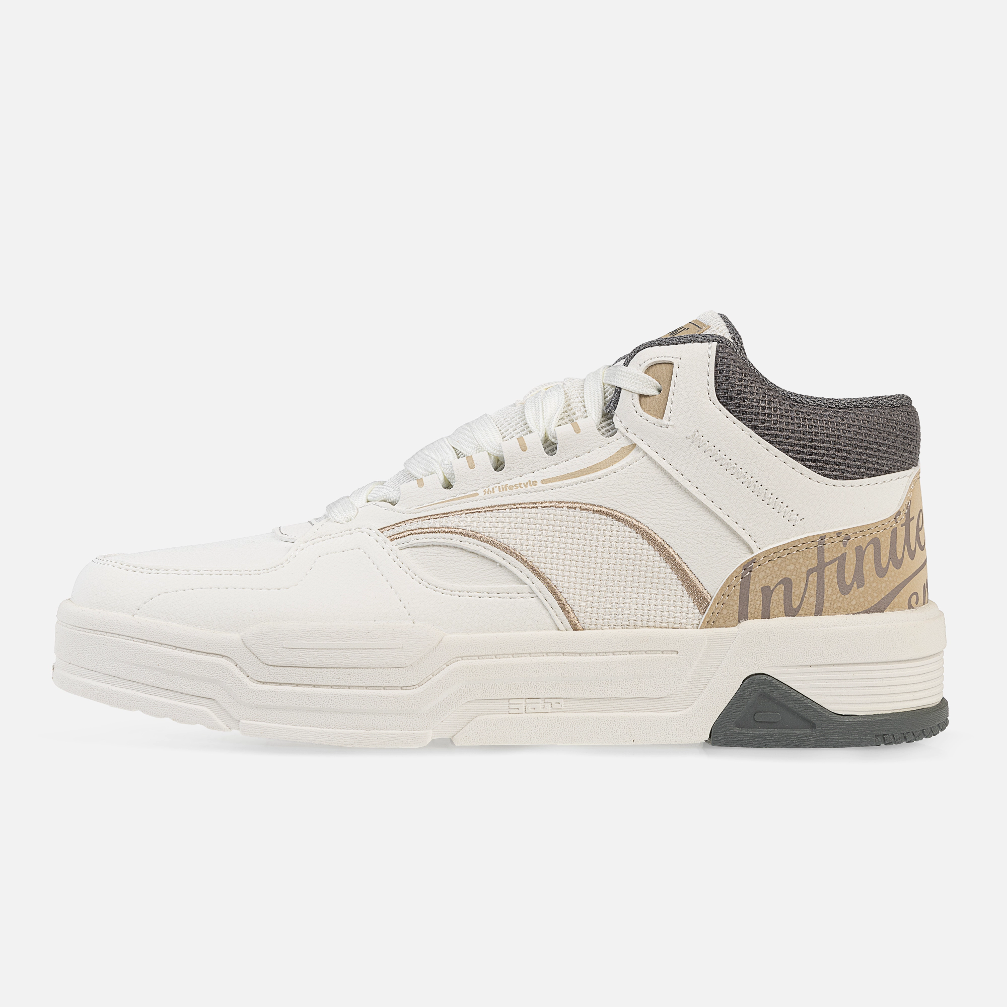 کفش روزمره مردانه ۳۶۱ درجه مدل W572446608-1 رنگ سفید و کرم، سبک و راحت با رویه چرم مصنوعی و پارچه، زیره EVA + Rubber جذب‌کننده ضربه، مناسب پیاده‌روی کوتاه و طولانی، استفاده روزمره و فعالیت‌های سبک، محافظت از پا و راحتی حین راه رفتن