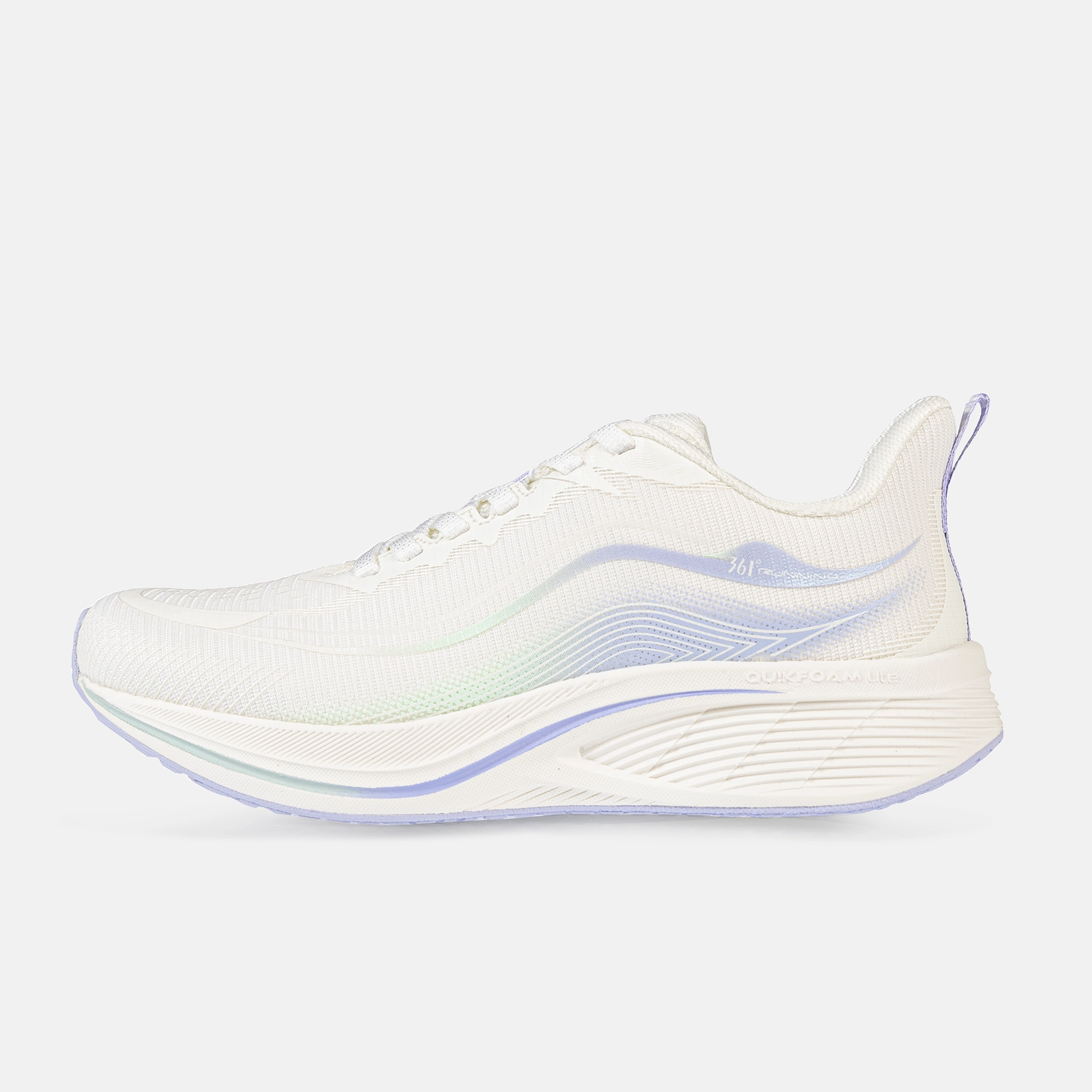 کفش دویدن زنانه 361 درجه مدل W582432223-1 سفید و آبی، سبک و ارگونومیک با رویه پارچه‌ای تنفس‌پذیر و زیره EVA + Rubber، مناسب دویدن، پیاده‌روی و تمرینات ورزشی روزانه، راحت و محافظ پا