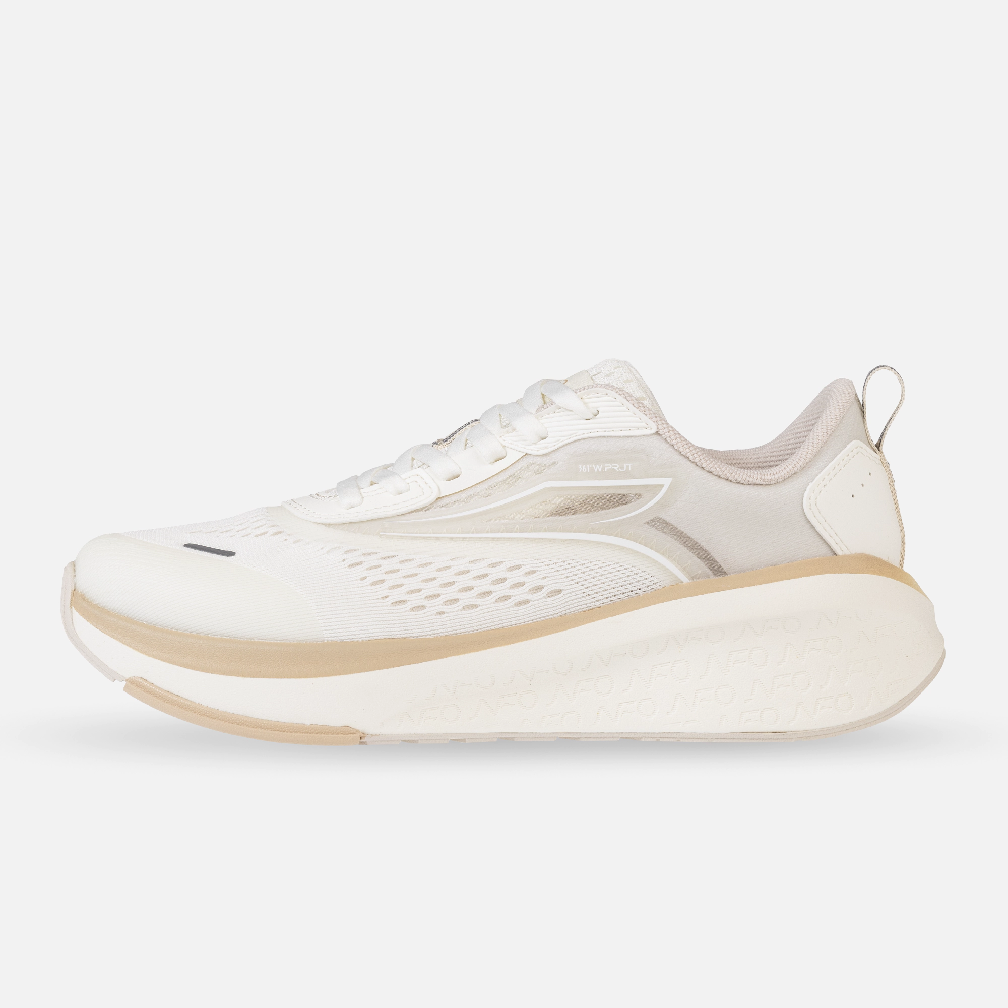 کفش مخصوص دویدن زنانه 361 درجه مدل W582422224-2 رنگ سفید و کرم، سبک و ارگونومیک با رویه پارچه تنفس‌پذیر و زیره EVA + Rubber، مناسب دویدن، پیاده‌روی و تمرین روزانه سایز 35 تا 40