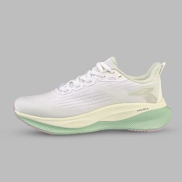 کفش دویدن زنانه سفید و سبز W682512214-1 برند 361 درجه با رویه پارچه‌ای تنفس‌پذیر و زیره EVA سبک، مناسب دویدن و تمرین در باشگاه