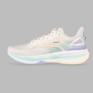 کفش رانینگ زنانه ۳۶۱ درجه مدل ۲۰۲۵، رنگ سفید و بنفش، با رویه مقاوم، تنفس‌پذیر، سبک و انعطاف‌پذیر، مناسب تمرینات روزانه و دویدن
