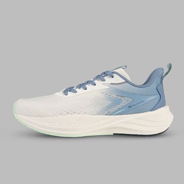 کفش مخصوص دویدن مردانه سفید و آبی برند ۳۶۱ درجه مدل W672522206-1H با رویه تنفس‌پذیر، زیره EVA و Rubber و فناوری کوییک فوم برای راحتی و محافظت از پا در تمرین و پیاده‌روی روزانه