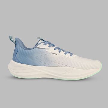 کفش مخصوص دویدن مردانه سفید و آبی برند ۳۶۱ درجه مدل W672522206-1H با رویه تنفس‌پذیر، زیره EVA و Rubber و فناوری کوییک فوم برای راحتی و محافظت از پا در تمرین و پیاده‌روی روزانه